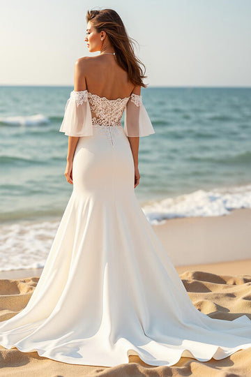 Mermaid Off the Shoulder Court Train Ivory Wedding Dress with Lace Appliques